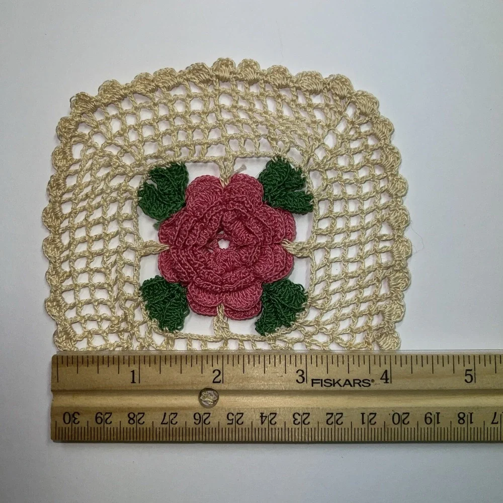 VTG 1950's Hand Crochet 3D Pink Beige Green Doilies Coasters Set Of 5 EUC
